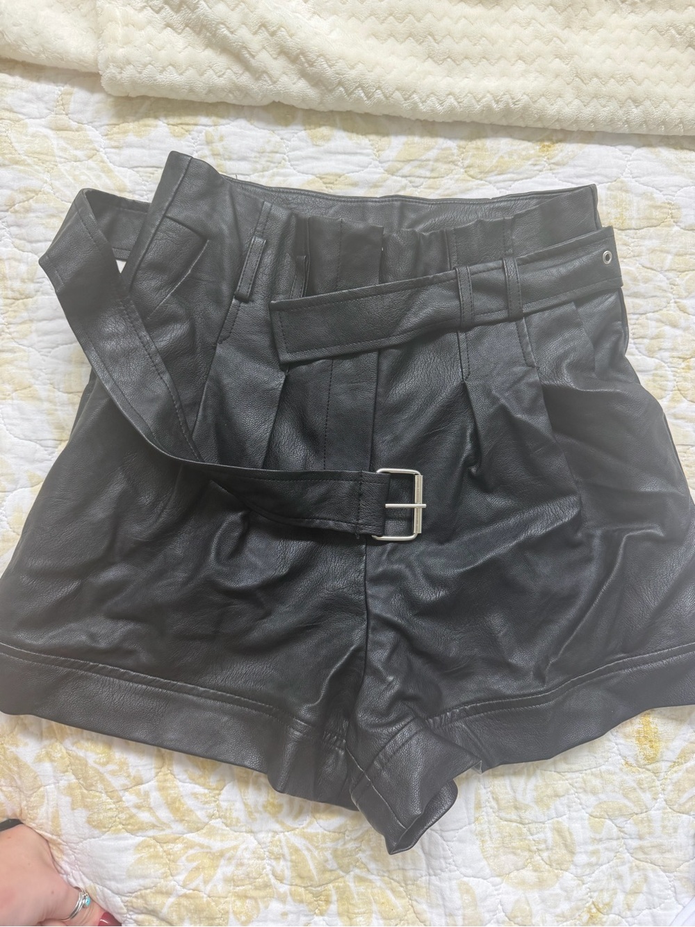 Topshop Black High-Waist Faux Leather Belted Shorts